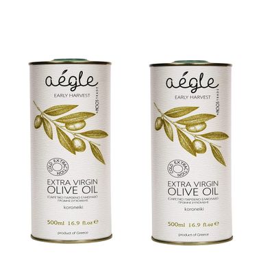 Aegle Early Harvest Greek Extra Virgin Olive Oil Cold Pressed, Premium Quality Polyphenols EVOO, Monocultivar green Koroneiki, Family Estate 500 ml Tins (Pack of 2)