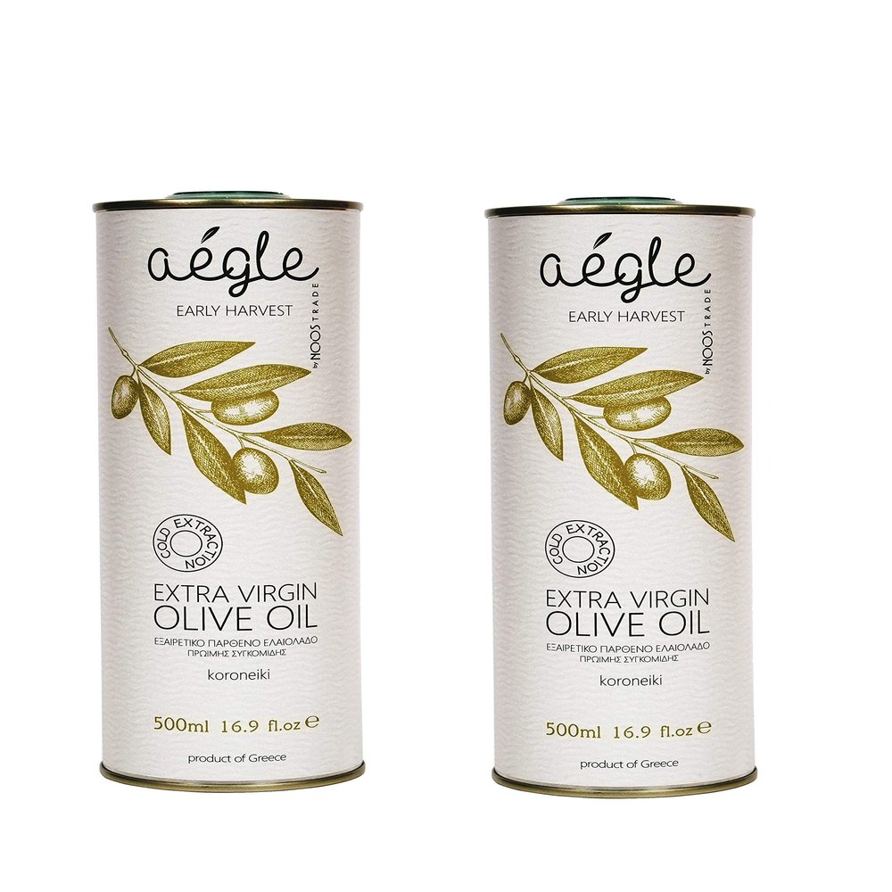 Aegle Early Harvest Greek Extra Virgin Olive Oil Cold Pressed, Premium Quality Polyphenols EVOO, Monocultivar green Koroneiki, Family Estate 500 ml Tins (Pack of 2)