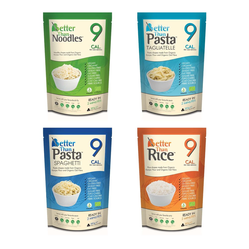 Better Than Foods Mixed Case (4 x 385g) - Noodles, Rice, Spaghetti & Tagliatelle, Made from Organic Konjac Flour, Keto Paleo Diet and Vegan | Zero Sugar and Low Calorie Food