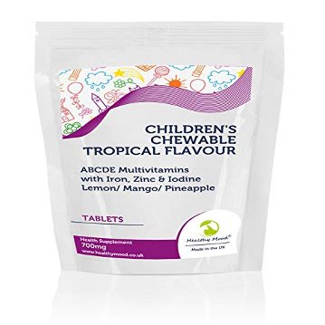 Childrens Chewable Tropical Flavour ABCDE Multivitamin Tablets with Iron, Zinc & Iodine Lemon/Mango/Pineapple 700mg - Pack of 180 Pills