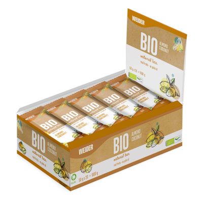Weider Bio Natural Bar (20 x 50g) Almond & Coconut. High Energy Organic Natural Bar with real fruits and nuts. No palm oil. Vegan (1kg)