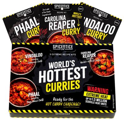 SPICE'N'TICE World's Hottest Curry Gift Set 3 Extreme Hot Curry Spice Kits (Spices Included) Carolina Reaper, Ghost Chilli & Habanero Vegan-Friendly Food Gift for Chilli Lovers