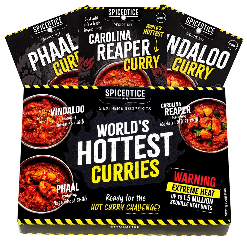SPICE'N'TICE World's Hottest Curry Gift Set 3 Extreme Hot Curry Spice Kits (Spices Included) Carolina Reaper, Ghost Chilli & Habanero Vegan-Friendly Food Gift for Chilli Lovers