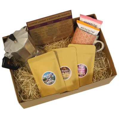 Coffee Lover's Gift Variety Hamper - 3 x 50g Regular Ground Signature Roasts, Craft Mug, Moka Pot, Tasting Notes & Biscuits