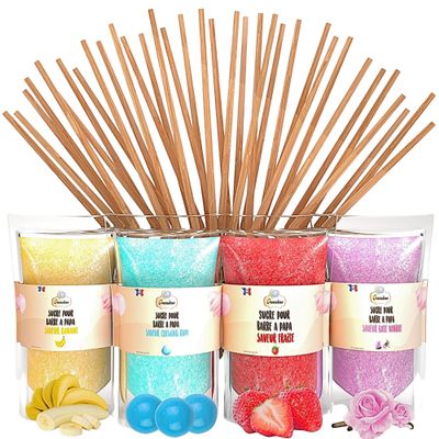 GREENDOSO Sugar For Candy Floss Machine (4x320g) - Pack of 4 Flavours (Strawberry-Bubble Gum-Banana-Vanilla) - 50 Sticks