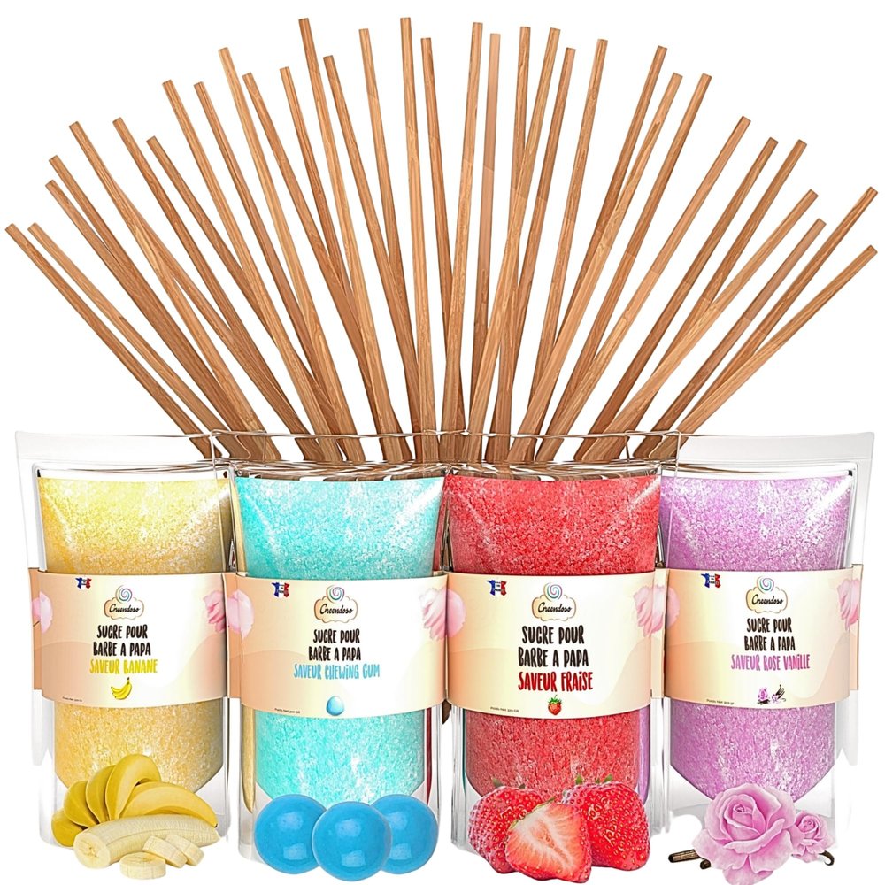 GREENDOSO Sugar For Candy Floss Machine (4x320g) - Pack of 4 Flavours (Strawberry-Bubble Gum-Banana-Vanilla) - 50 Sticks