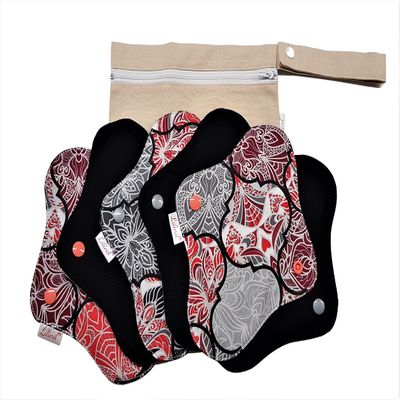 6 Pack Lilind 9" Organic Cloth Pads, Starter Set, Free Zip Wet Bag, Reusable Waterproof Menstrual Sanitary Napkins, 100% Cotton, 6x9"R Flowers
