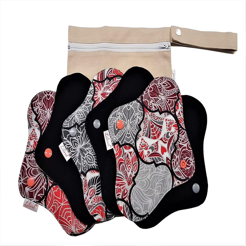 6 Pack Lilind 9" Organic Cloth Pads, Starter Set, Free Zip Wet Bag, Reusable Waterproof Menstrual Sanitary Napkins, 100% Cotton, 6x9"R Flowers