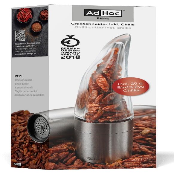 AdHoc Geschenkset Chili-Schneider PEPE mit 20 g Birds Eye Chilis, Edelstahl/Acryl