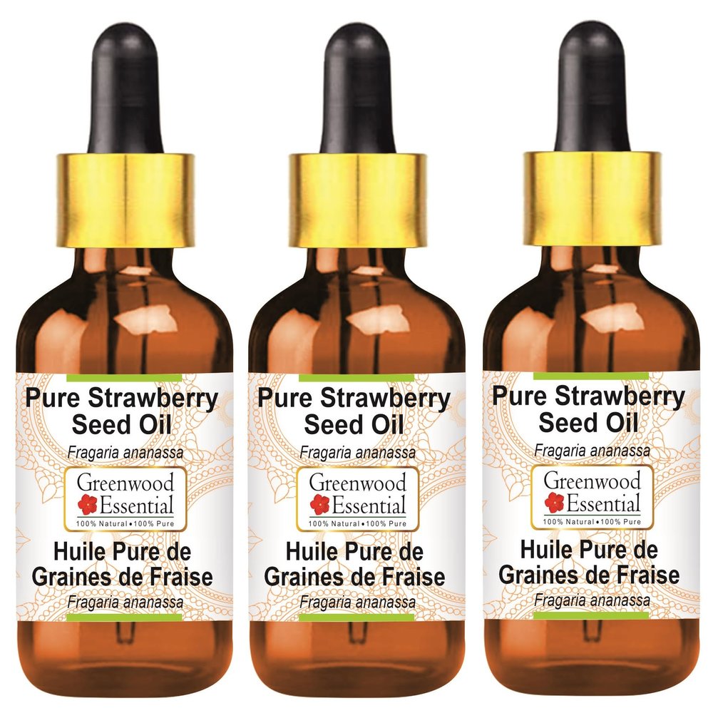 Greenwood Essential Pure Strawberry Seed Oil (Fragaria ananassa) with Glass Dropper for Skin & Hair 100ml x 3 (10 oz)