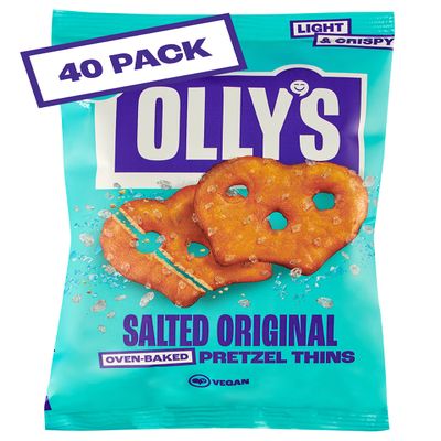 Olly's Pretzel Thins, Original Salted, 35g (Pack of 40), Handy Snack Pouches, Healthy Plant-Based Vegan Snacks for Dipping, Low Calorie Snacks, Low Fat, Source of Fibre, No Preservatives
