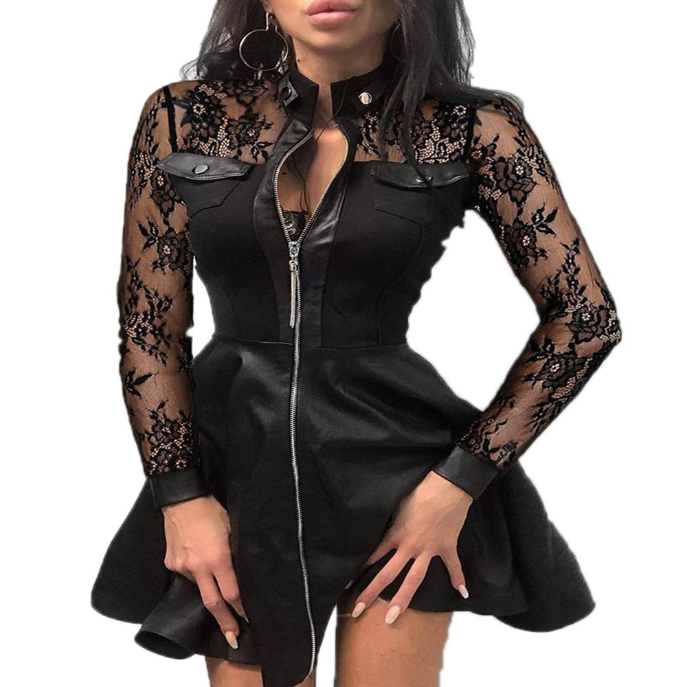 babao Women's PVC Zip Front Clubwear Dress Faux Leather Skirt Patchwork A-Line Dress