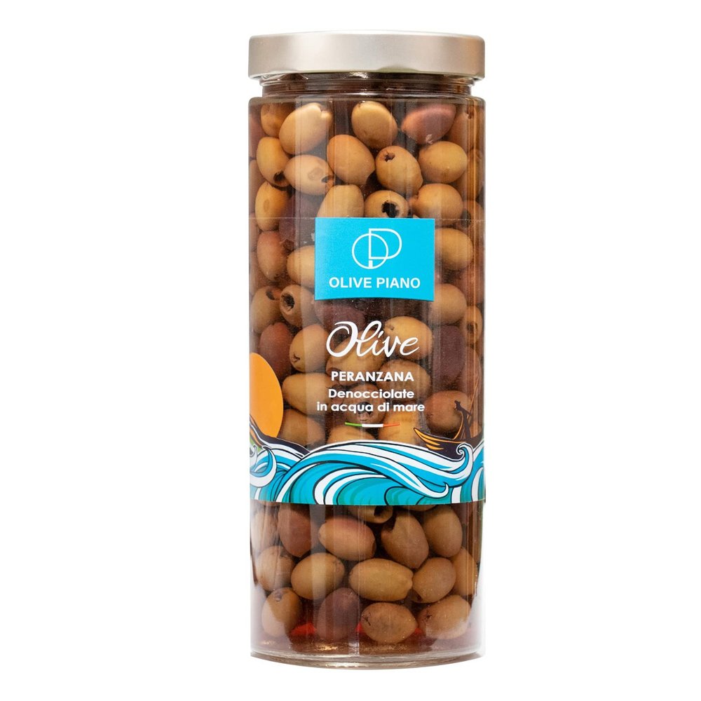 Agricola Piano - Pitted Peranzana Olives in Sea Water 1062 ml | Award-Winning Italian Olives - 100% Natural - Authentic Apulian Products - Ideal for Starters, Aperitifs, Salads, Pizza