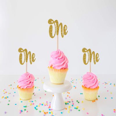 Confetti - One Cupcake Toppers (Pack of 20) Gold Glitter Cupcake Toppers for Kids First Birthday Party Decoration