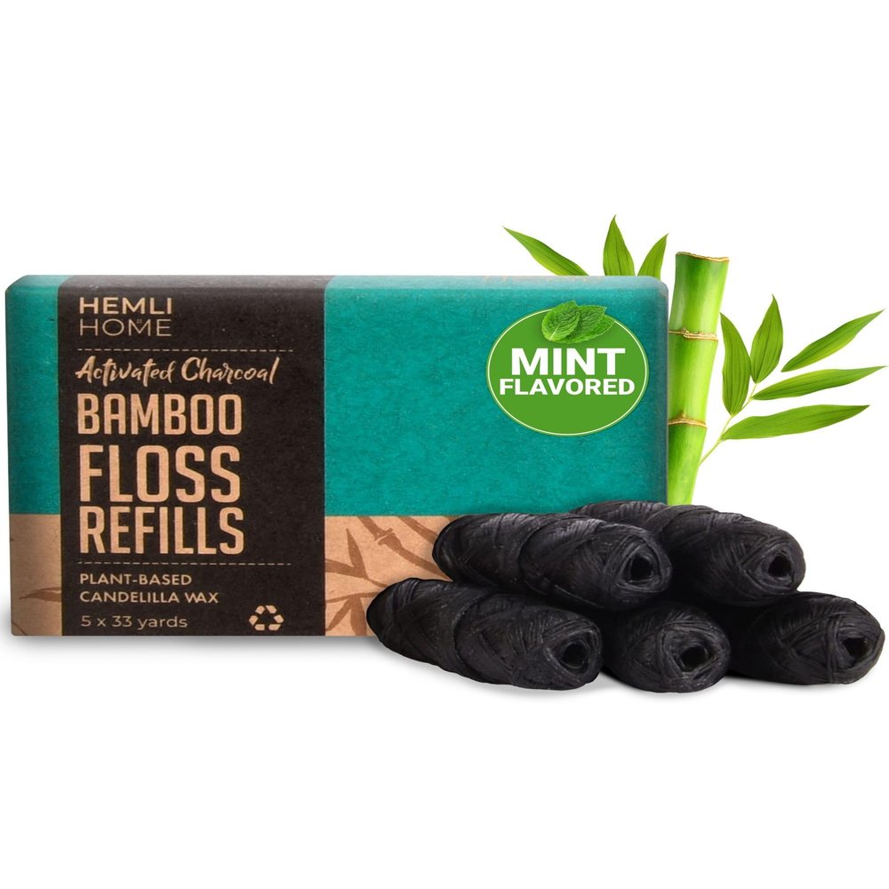 Bamboo Charcoal Dental Floss Refills, Bambo Woven Fibres, 5 x 33 Yards, Organic Refillable Dental Floss, Natural Floss, Eco-Friendly Floss. Plant-Based Candelilla Wax Floss with Natural Mint Flavoring