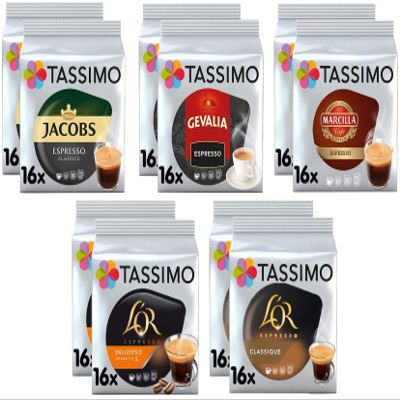 Tassimo Espresso Coffee Selection - Jacobs Espresso Classico/Gevalia Espresso/Marcilla Espresso/L'OR Espresso Delicious/L'OR Espresso Classic Coffee Pods - 10 Packs (160 Servings)