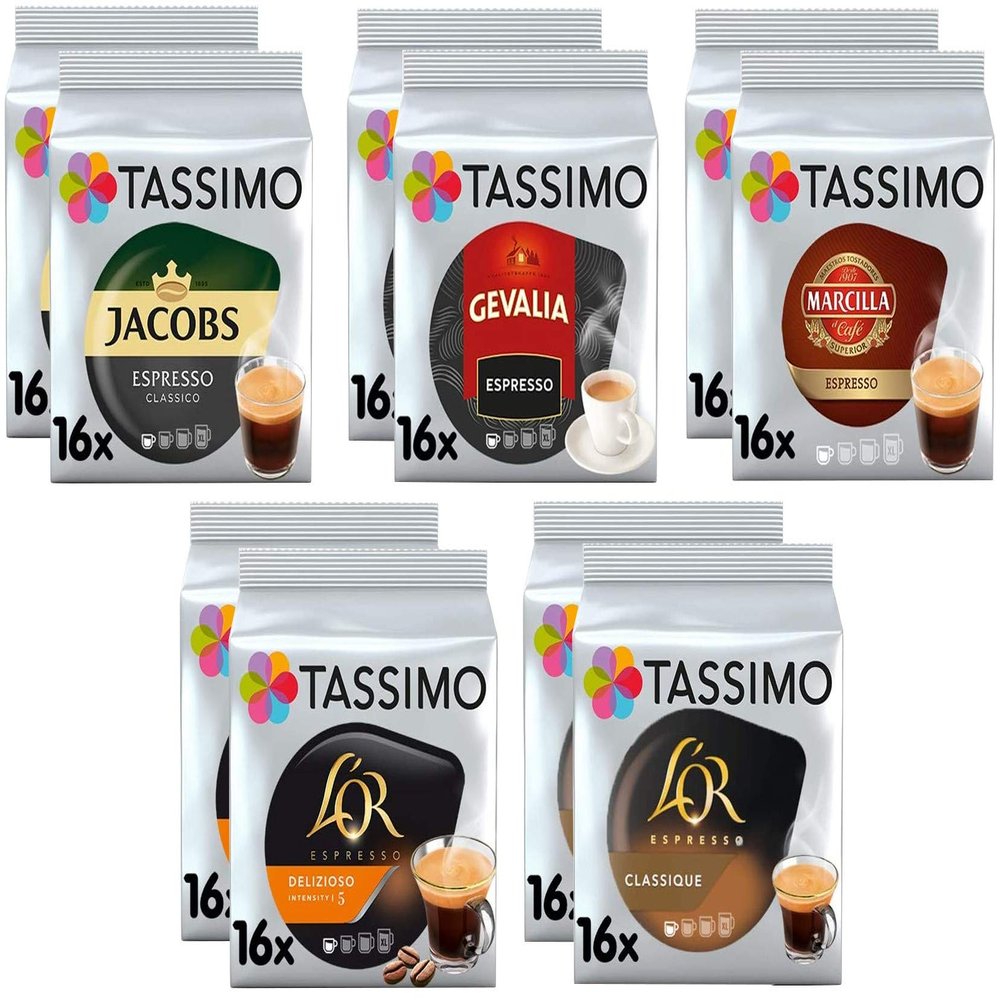Tassimo Espresso Coffee Selection - Jacobs Espresso Classico/Gevalia Espresso/Marcilla Espresso/L'OR Espresso Delicious/L'OR Espresso Classic Coffee Pods - 10 Packs (160 Servings)