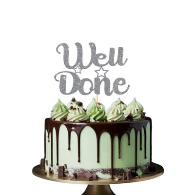 WELL DONE Cake Topper Glitter Cardstock Party Favour Party Decoration Cake Toppers (SILVER)