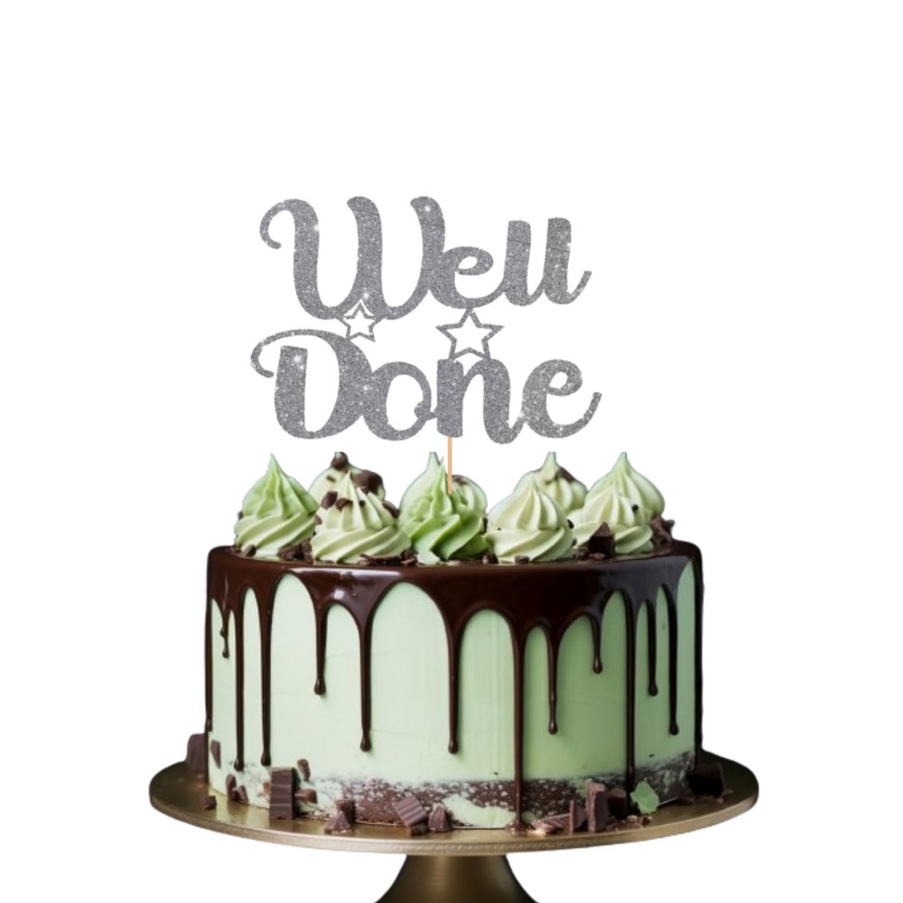 WELL DONE Cake Topper Glitter Cardstock Party Favour Party Decoration Cake Toppers (SILVER)