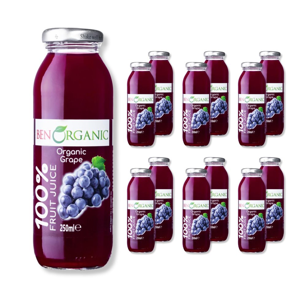 BenOrganic - Organic Grape Juice Glass Bottles (12 x 250ml), 100% Natural Fruit Juice Drink, No Sugar, No Additives, Not from Concentrate