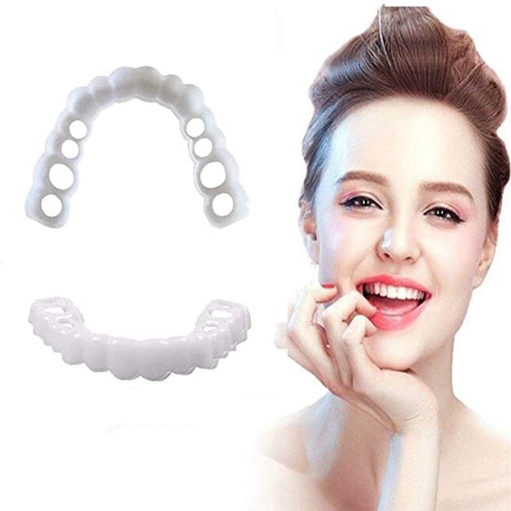 2 Pairs False Teeth Veneers Instant Perfect Smile Dentures Teeth, Comfort Fit Flex Cosmetic Veneers Upper and Lower Cover The Missing, Broken, Deformity Teeth for Men Women
