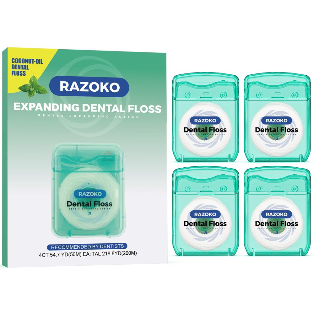 Coconut Oil Dental Floss Expanding Dental Floss (55 Yards, 4 Count) - Mint Flavor
