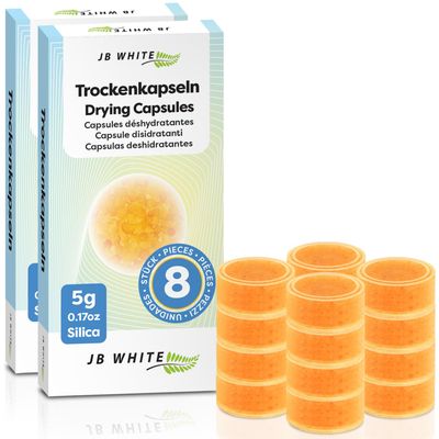 JB White 16 pcs Drying Tablets/Capsules for Hearing aids and earmolds, Orange Silica, Against Moisture, Hearing Aid Desiccant Compatible with Phonak, Cedis (16x, Color Indicator, Individually Sealed)