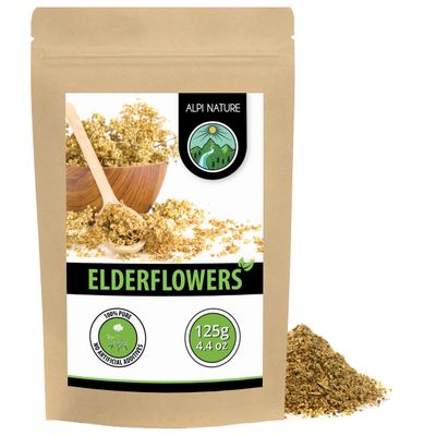 Alpi Nature Elderflower Tea 125g 4.4 oz, Dried and Rubbed Elderflowers, Loose Herbal Tea