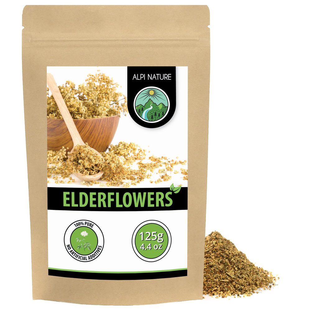 Alpi Nature Elderflower Tea 125g 4.4 oz, Dried and Rubbed Elderflowers, Loose Herbal Tea
