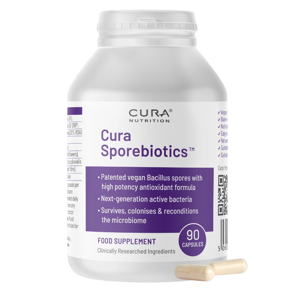 CURA NUTRITION SPOREBIOTICS Spore Based Probiotic with Antioxidants, Active Bacteria Daily Supplement to Boost Akkermansia, 3 Bacillus Spores for Gut Health Support, Vegan Probiotics (90 Capsules)