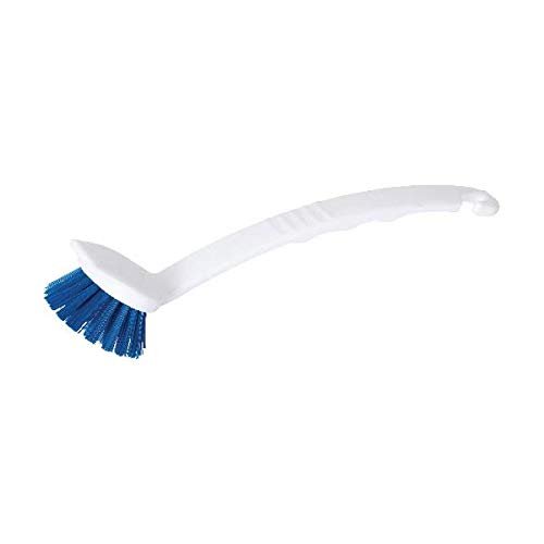 Long Handle Washing Up Brush White/Blue - (Washable with Comfortable Curved Handle Grip) WWWSBU24L
