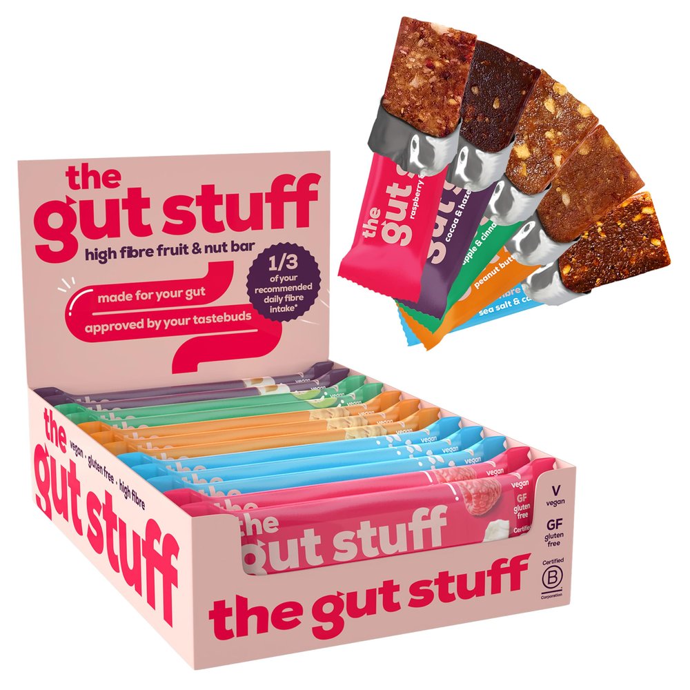 The Gut Stuff  High Fibre Fruit & Nut Bars  Mixed Flavours  12 x 35g Bar Box  Gut Friendly Snack, Gluten Free, Vegan, Low Calorie, All Natural