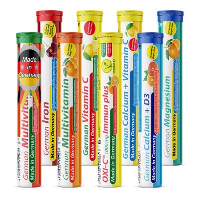 Effervescent Tablets Trial Package T&D Pharma 8 x 20 = 160 German effervescent Tablets Vitamin and Mineral Mix Fruity Flavours Made in Germany