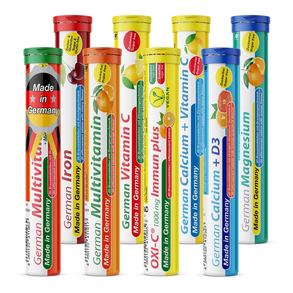 Effervescent Tablets Trial Package T&D Pharma 8 x 20 = 160 German effervescent Tablets Vitamin and Mineral Mix Fruity Flavours Made in Germany