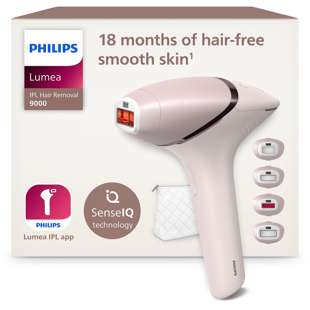 Philips Lumea 9000 Series IPL Hair Removal Device - Laser Hair Removal Alternative, SenseIQ Technology, 4 Attachments for Body, Face, Bikini and Underarms, Corded & Cordless Use, Model BRI957/00