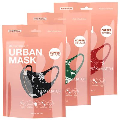 Basic Sense CHRISTMAS Copper Ion Infused Washable Reusable Face Coverings Masks Made In South Korea (Snow Reindeer 3 Pack)