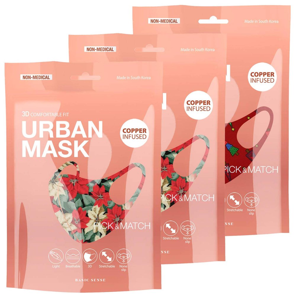 Basic Sense CHRISTMAS Copper Ion Infused Washable Reusable Face Coverings Masks Made In South Korea (Poinsettia 3 pack)