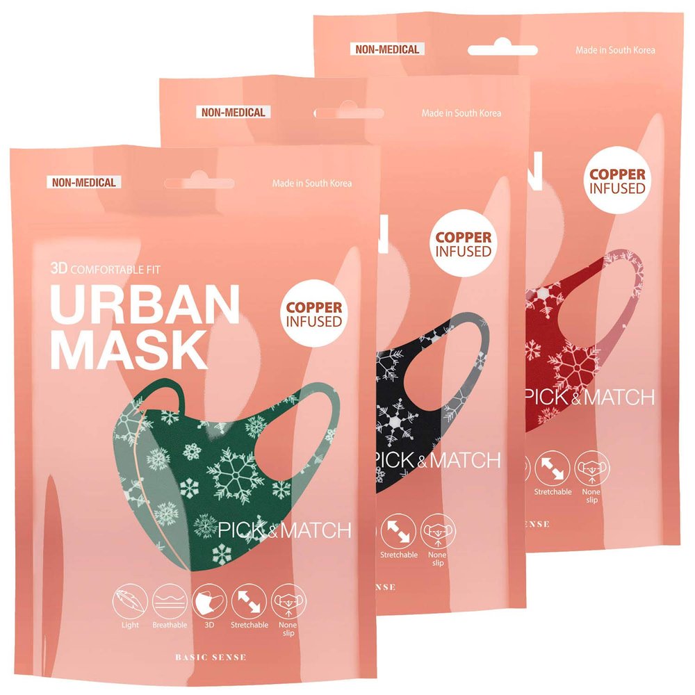 Basic Sense CHRISTMAS Copper Ion Infused Washable Reusable Face Coverings Masks Made In South Korea (Snowflake 3 Pack)