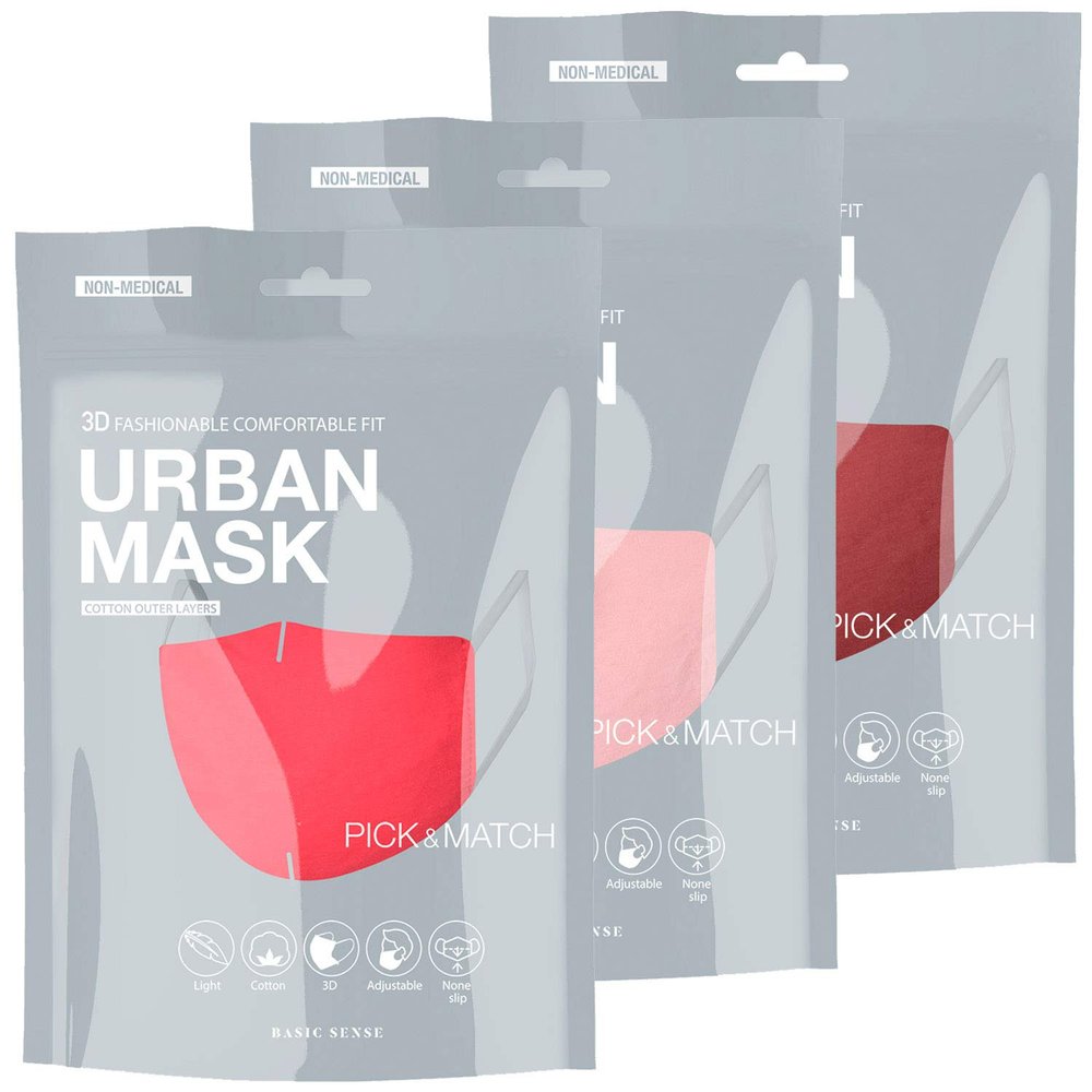 Basic Sense 3 Packs 100% Cotton Washable Reusable Skin Friendly Plain Face Coverings Masks (Pink 3 Pack)