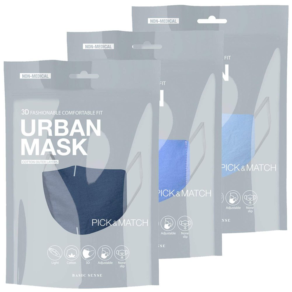 Basic Sense 3 Packs 100% Cotton Washable Reusable Skin Friendly Plain Face Coverings Masks (Blue 3 Pack)