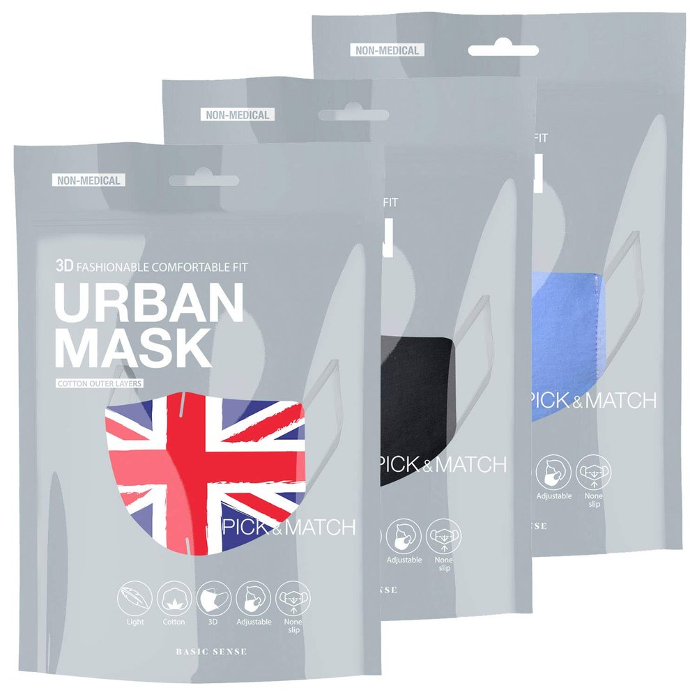 Basic Sense 3 Packs 100% Cotton Washable Reusable Skin Friendly Plain Face Coverings Masks (UK 3 Pack)