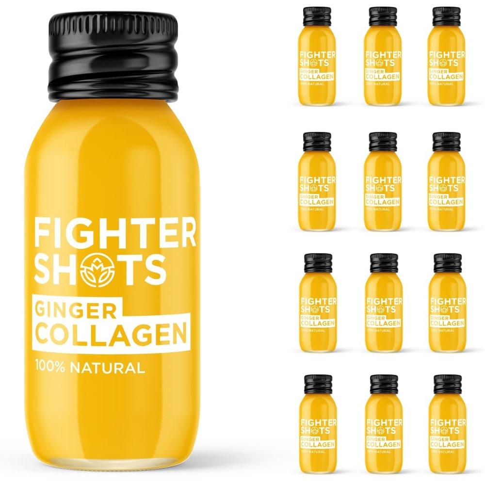 Fighter Shots Ginger Marine Collagen Shots (12x60ml) | Healthier Skin and Hair | 100% Natural | Perfect Morning/Post Workout Pick Me Up | No Preservatives | Fresh & Fiery Ginger Shots