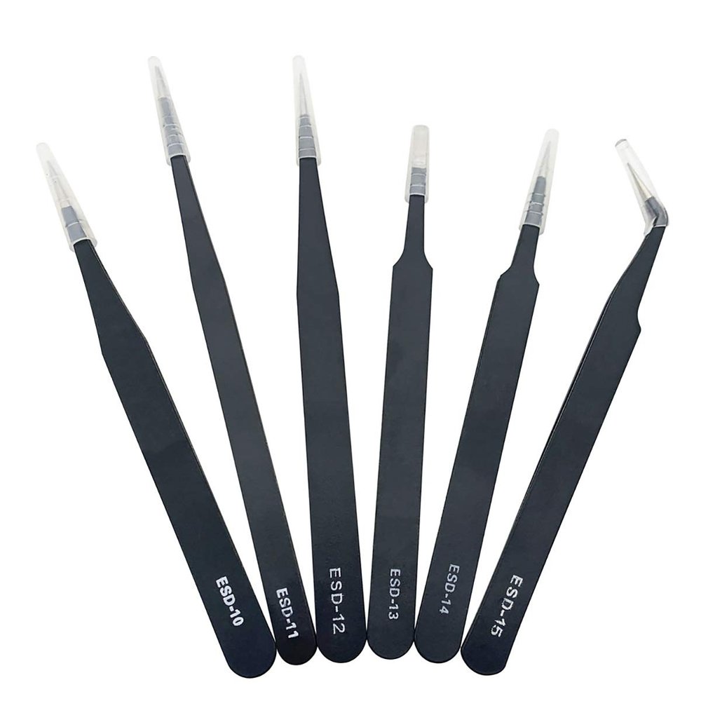 6 PCS Precision Tweezers Set, ESD Tweezers Set, Anti-Static Stainless Steel Tweezers, Non-Magnetic Curved Tweezers Set, Electronics Tweezers Kit for Jewelry, Craft, Electronics