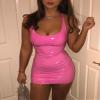 Sematomala Women's Scoop Neck Latex Leather Mini Dress Metallic Shiny PVC Bodycon Slim Fitted Club Dress, A-Pink, M view 3