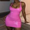 Sematomala Women's Scoop Neck Latex Leather Mini Dress Metallic Shiny PVC Bodycon Slim Fitted Club Dress, A-Pink, M view 4