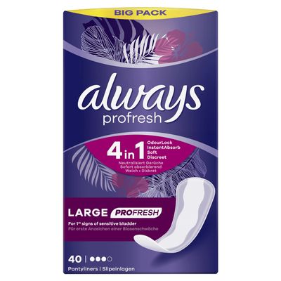 Always Dailies Panty Liners, Profresh, Large, 160 Liners (40 x 4 Packs), Odour Neutraliser, Soft and Discreet