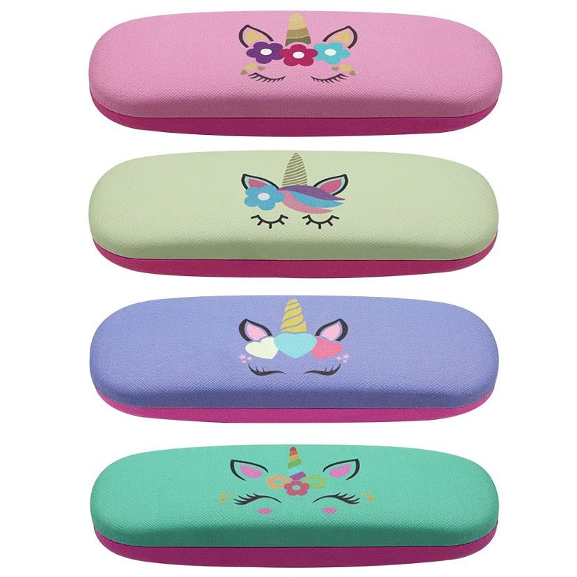 [4 PACK / 3 PACK], JAVOedge Printed Pattern Durable Hard Clamshell Eyeglass Case with Bonus Microfiber Cloth, Unicorn - Style C, 4 Pack