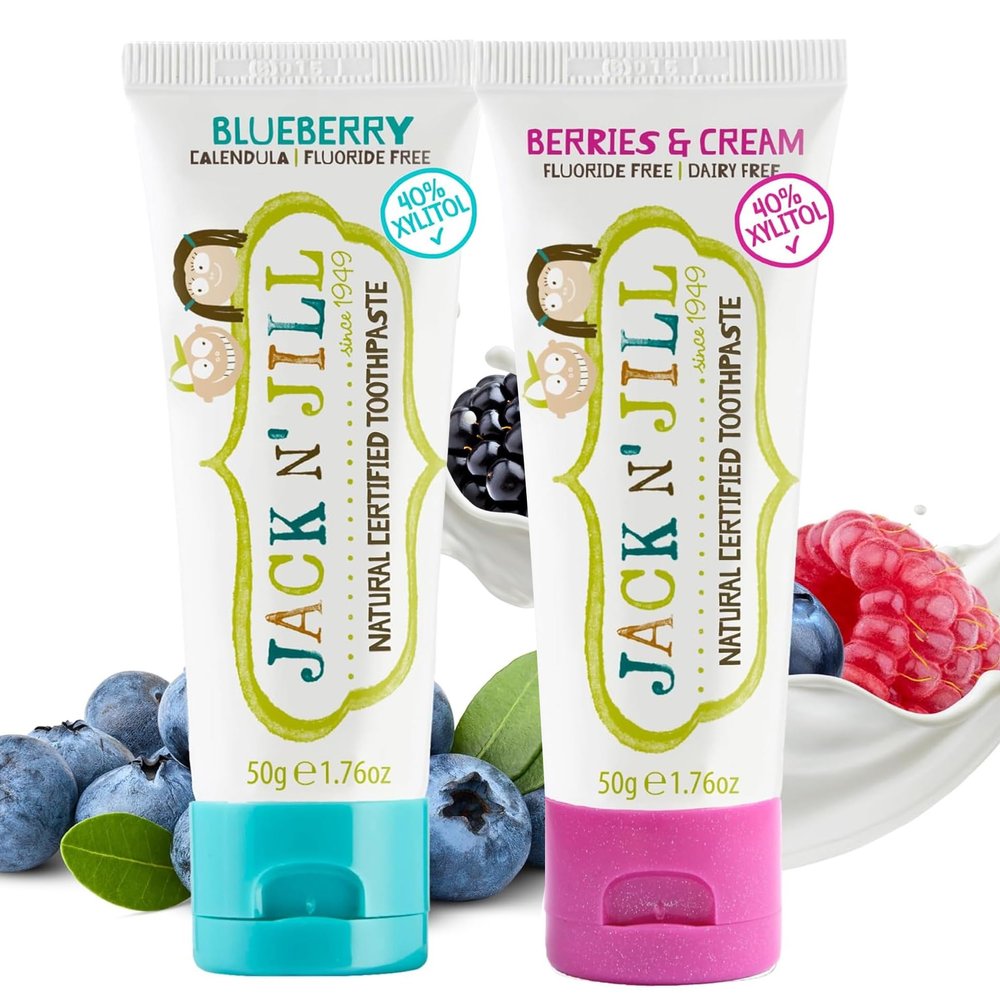 Jack N Jill Natural Certified Kids Toothpaste  Fluoride-Free Toddler & Baby Toothpaste with 40% Xylitol, No Sugar, Suitable from 6 Months+, Blueberry and Berries & Cream, Pack of 2 (50g Each)