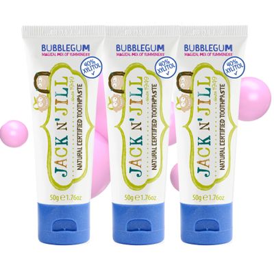 Jack N Jill Natural Certified Kids Toothpaste  Fluoride-Free Toddler & Baby Toothpaste with 40% Xylitol, No Sugar, Suitable from 6 Months+, Organic Bubblegum Flavour, Pack of 3 (50g Each)