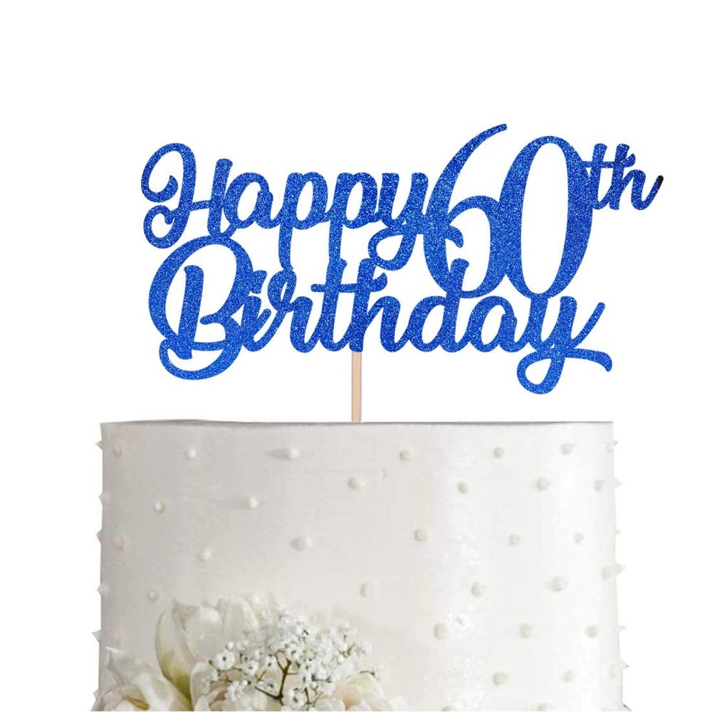 Blue Happy 60th Birthday Cake Topper, Royal Blue Glitter Cheers To 60 Years Party Cake Decorations, Supply